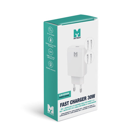 MYTECH Fast Charger 30W + USB-C Lightning Cable 1M + USB-C Cable 1M